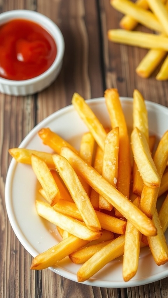 Crispy Air Fryer French Fries Recipe Crispy air fryer French fries on a plate with ketchup on a wooden table.